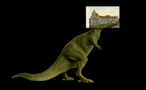 Drawing of T. rex with a museum for a head.
