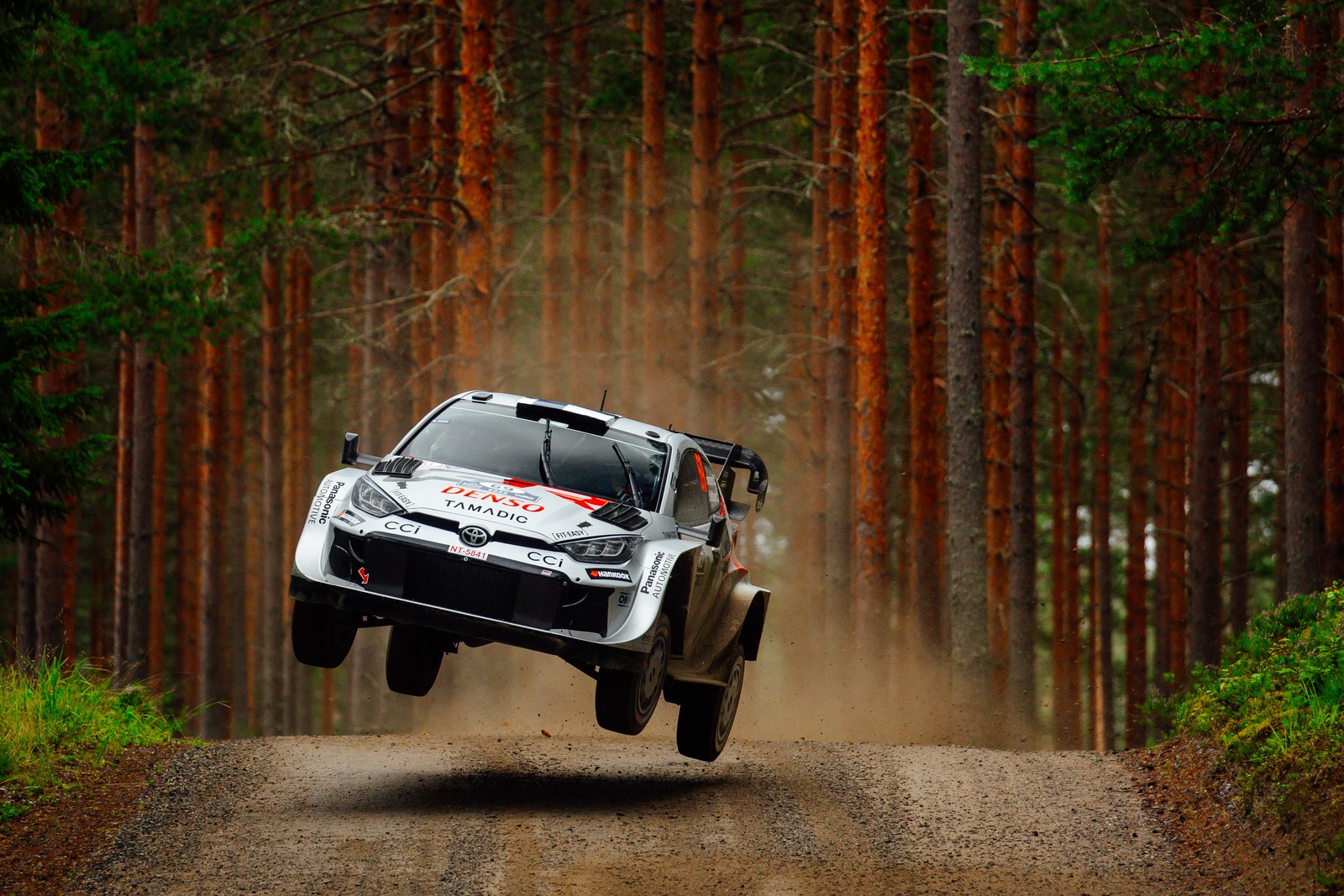 A rally race car is seen in mid-air after cresting a hill on a gravel road in a forest.