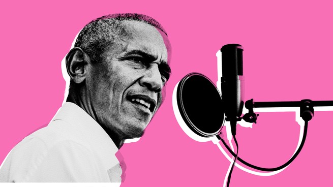 Barack Obama speaking into a microphone against a pink background