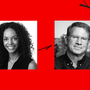 Two square images, one of Caitlin Dickerson on the left and Jeffrey Goldberg on the right, against a red background with black scribble marks