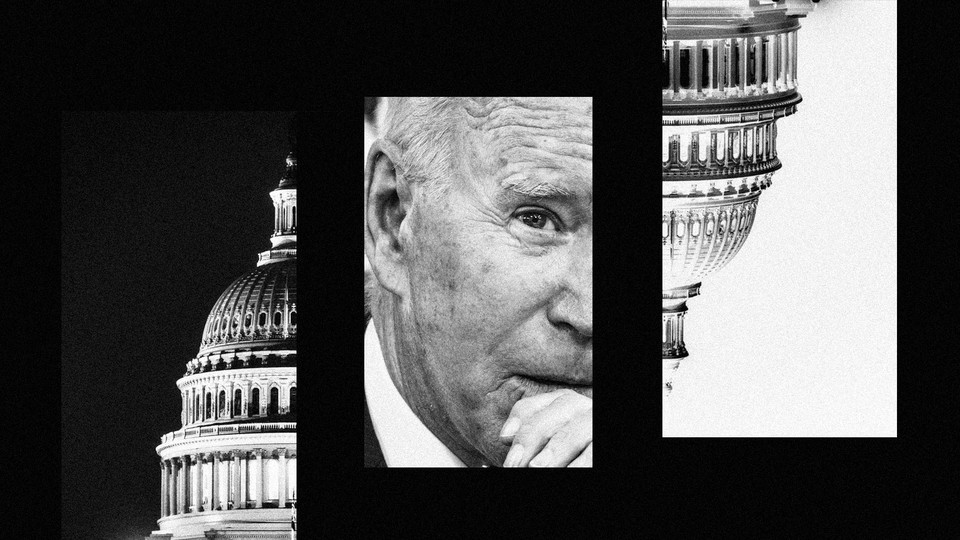 A black-and-white triptych of half of the Capitol Building, half of Joe Biden's face, and an upside-down second half of the Capitol Building.