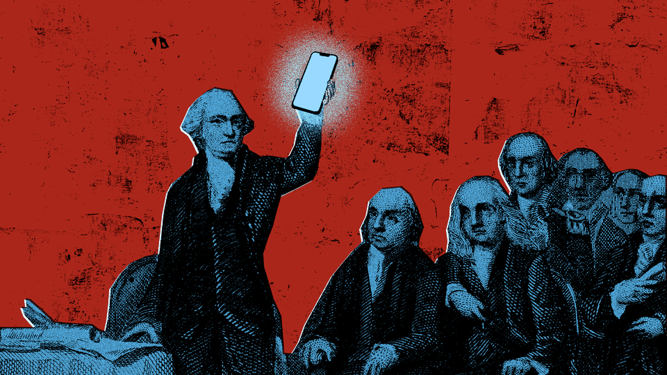 George Washington holds up a smartphone as other Founding Fathers look on in concern.