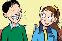A cartoon drawing of a girl looking at a boy with braces.