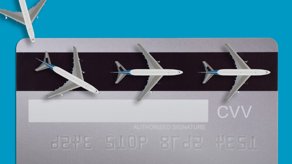 Illustration of planes against a backdrop of a credit card