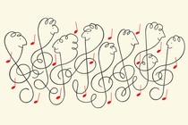 Musical notes and many faces in the shape of treble clefs