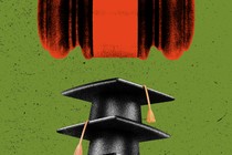 An illustration showing a looming gavel on top of stacked graduation caps