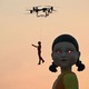 A drone flies a human figure past a very tall statue of a doll with glowing eyes.