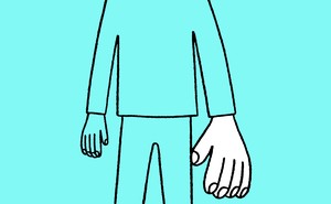 line drawing of person with giant left hand