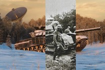 Collage showing Russian war tank of the present superposed with Russian war tank of the 20th century.