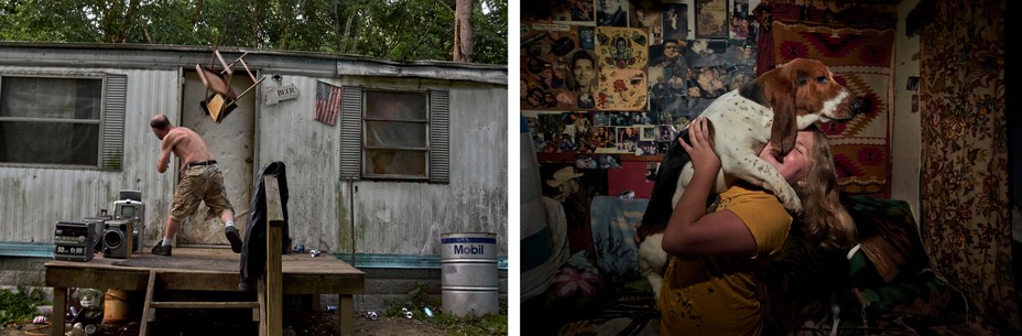 Diptych: Left; a man throws a chair agains a trailer front door. Right; a girl holds her dog laughing in a room covered with picture clippings.