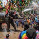 An elephant sprays water from its trunk over the heads of a crowd of festivalgoers.