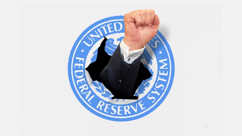 A photo-illustration of a fist smashing through the seal of the Federal Reserve