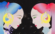 illustration of two women facing each other in front of a cosmic background