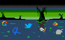 A pixelated illustration showing tech-company logos floating in a creepy swamp