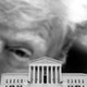 Illustration showing a giant Trump hovering over a tiny Supreme Court building