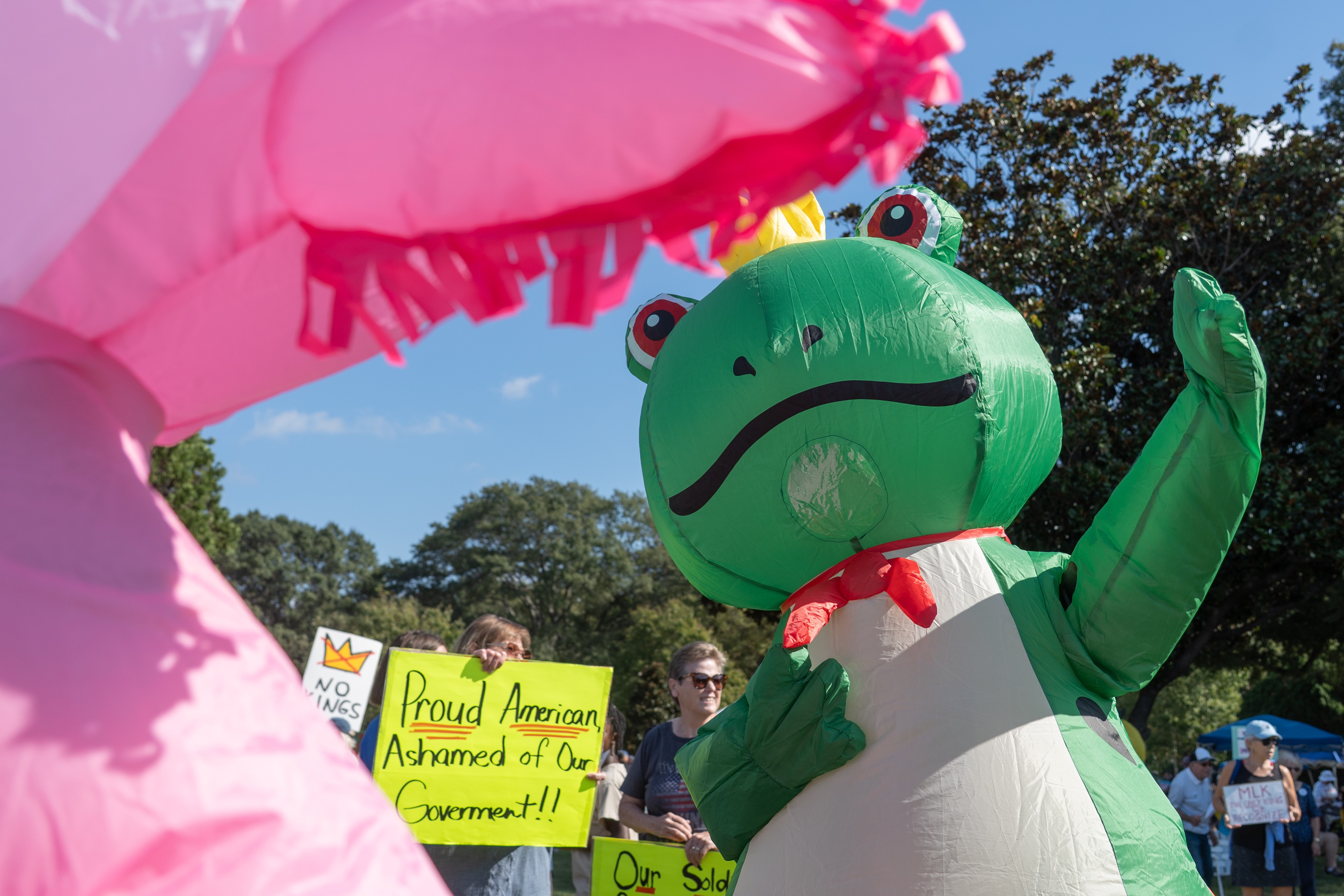A group of protesters hold signs near a fellow protester wearing an inflatable frog costume.