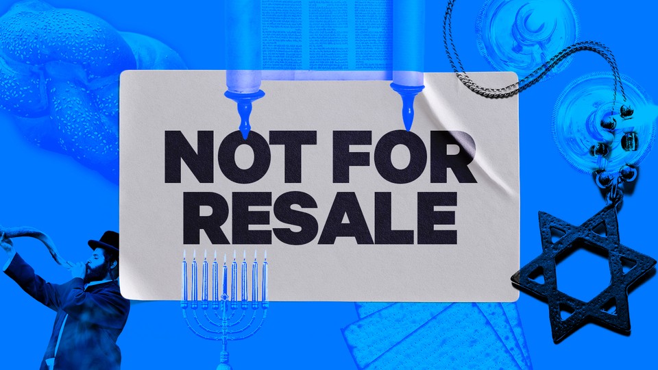 A "Not For Resale" sticker is juxtaposed on a Torah scroll, Star of David, menorah, and other symbols.