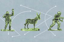 An illustration featuring three figurines: two soldiers and one donkey