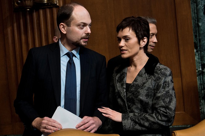 Picture of the Russian activist Vladimir Kara-Murza arriving with his wife Yevgenia for a hearing of the US Senate Appropriations Subcommittee on State, Foreign Operations and Related Programs on Capitol Hill March 29, 2017 in Washington, DC.