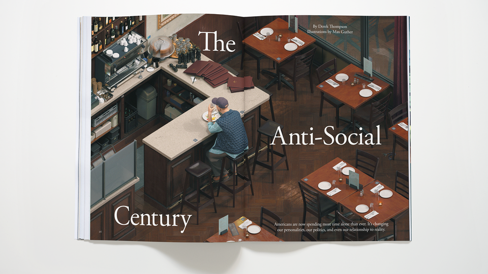 February 2025 Atlantic magazine open to the story “The Anti-Social Century,” by Derek Thompson