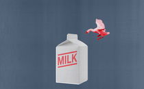 An image of a carton of milk with a bird flying above it