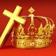 A cross leaning on a crown