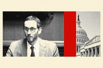 A photo-illustration featuring a black-and-white image of Scott Wiener on the left and a black-and-white image of the U.S. Capitol on the right