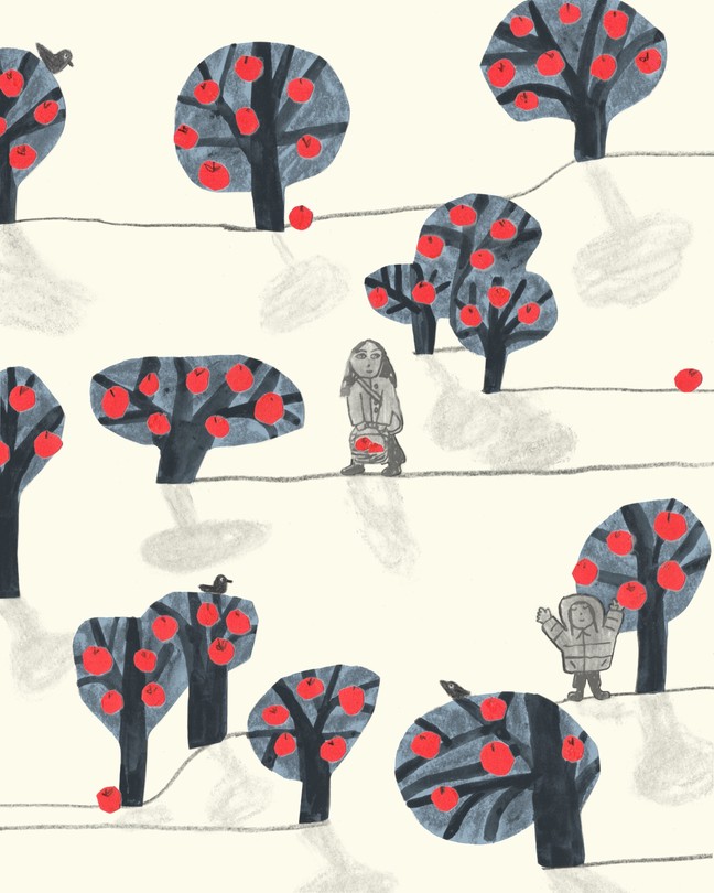 woman and child picking apples in an orchard of apple trees