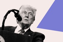 Illustration showing Trump speaking to microphone