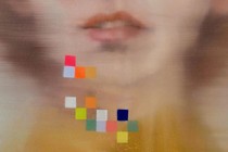 a painting of woman's mouth blurred with falling colored squares