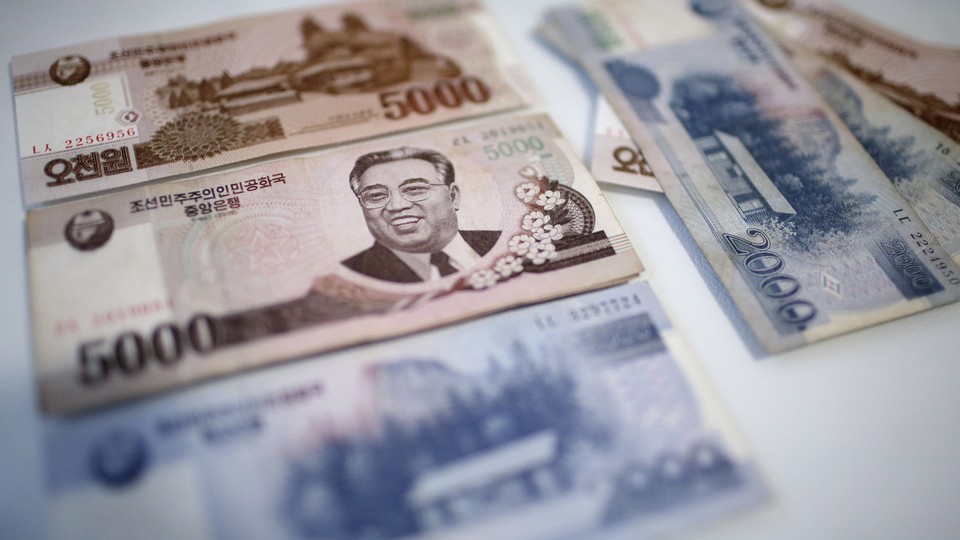 A portrait of the late Kim Il Sung is seen on the 5,000 bill of the North Korean won