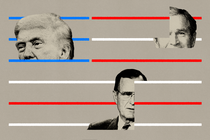 Photo-illustration with images of Donald Trump, George W. Bush, and George H. W. Bush against an abstract backdrop resembling an American flag.