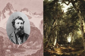 A photo illustration diptych of John Muir against a backdrop of mountains on the left side, and a painting of green, dense woods on the right side