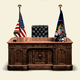 A photo-illustration of the presidential desk isolated on a tan background.