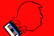 An illustration of a tape cassette unspooled into the silhouette of Donald Trump.