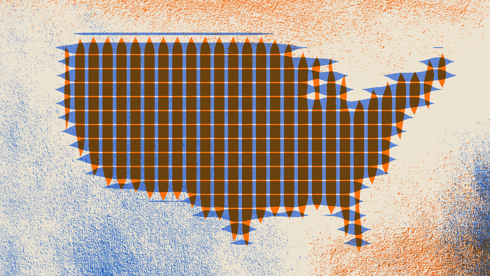 A drawing of a map of the U.S. made up of crosshatched orange and blue lines, against a dotted orange-and-blue background