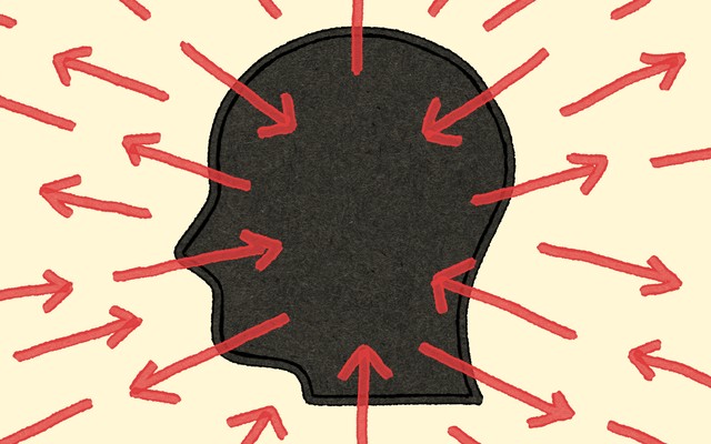 A silhouette profile of a human head with red arrows pointing toward and away from it