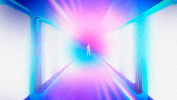 Illustration: small abstract human figure stands in between rows of huge glowing smartphone screens