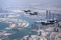 Qatari air force escorts the plane transporting Donald Trump as it prepares to land in Doha from Saudi Arabia, on May 14, 2025.