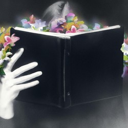 A painting of a woman reading a book with flowers coming out of it