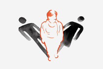 illustration of person standing and casting two shadows, one is the "male" restroom symbol and the other the "female"
