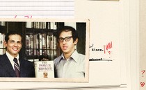 Collage of images of Robert Caro and Robert Gottlieb, over a notebook page marked up in red pen