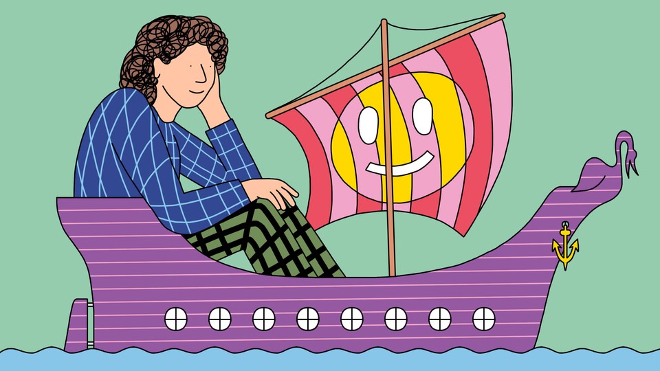 A person rides in a small purple ship with a smiley face on the sail.