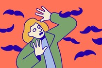 Illustration of a woman surrounded by flying mustaches