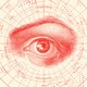 A sketch of a human eye overlaid with a chart of constellations