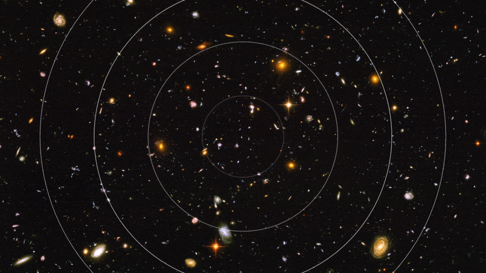A Hubble Ultra Deep Field image of space overlaid with a GIF of concentric circles expanding outward, representing radio signals