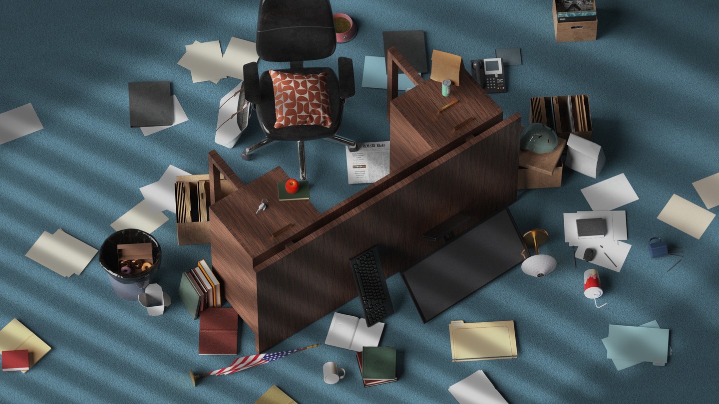 An illustration of a chaotic office scene.