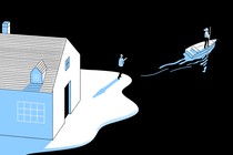 An illustration of a woman on a boat leaving an ice floe, which holds a house and her boyfriend