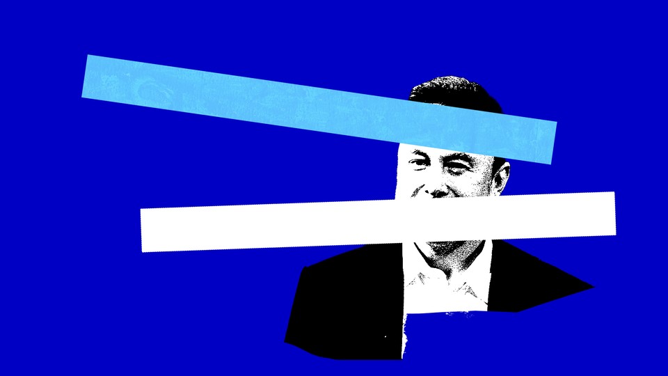 An illustration of Elon Musk with blue and white collage over him