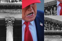 Collage of photos of Donald Trump speaking and the Supreme Court building